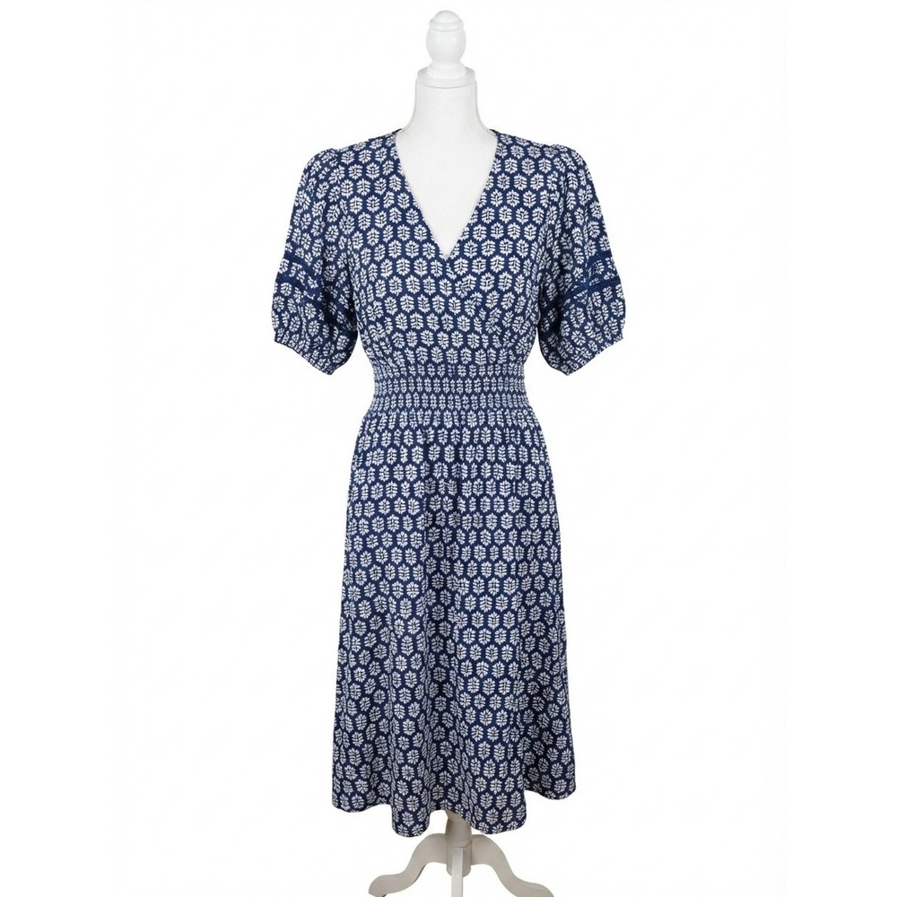 Draper James RSVP Blue White Floral Smocked Waist Midi Dress Small Pockets 2216